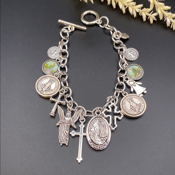 Silver Plated Religious Charm Bracelet - Picture 1 of 8